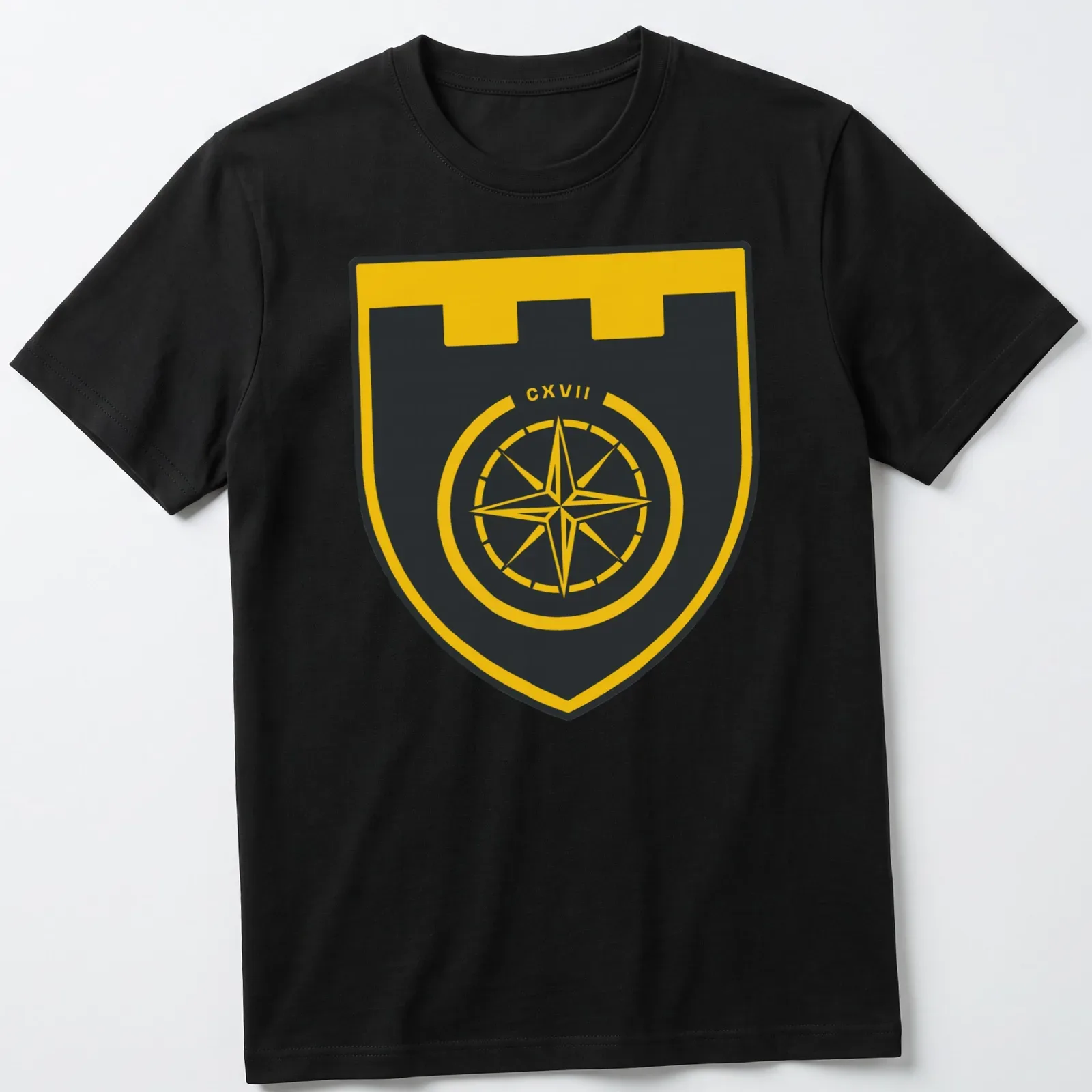 Modern emblem of a compass shield with CXVII in black and yellow — printed on a unisex t-shirt