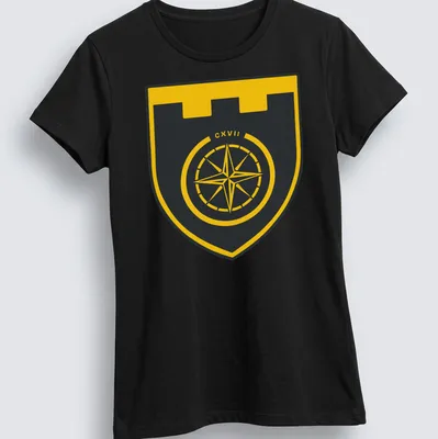 Modern emblem of a compass shield with CXVII in black and yellow — printed on a women's shirt