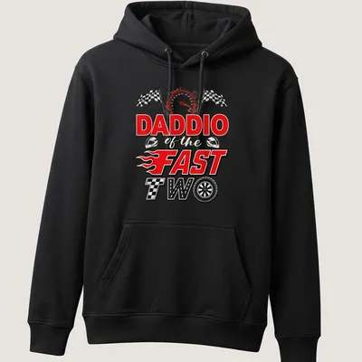 Bold graphic of a racing car family with text 'DADDIO of the FAST TWO' in red and yellow — printed on a unisex hoodie