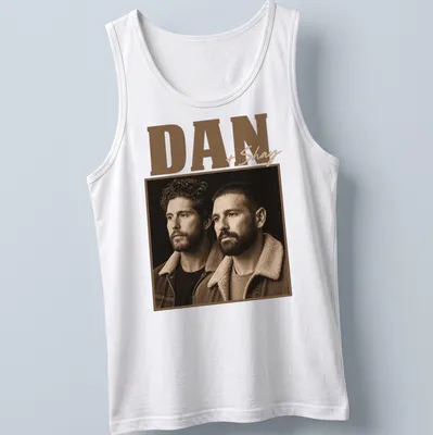 Vintage monochrome tee featuring a portrait of Dan and Shay in earthy tones — printed on a tank top