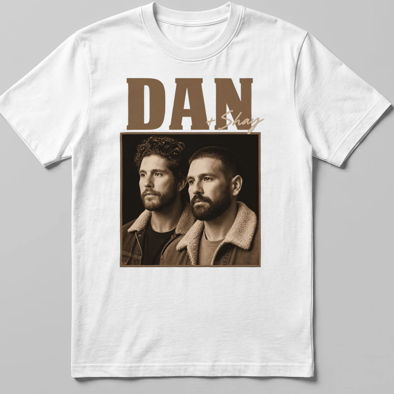 Vintage monochrome tee featuring a portrait of Dan and Shay in earthy tones — printed on a unisex t-shirt