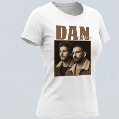 Vintage monochrome tee featuring a portrait of Dan and Shay in earthy tones — printed on a women's shirt