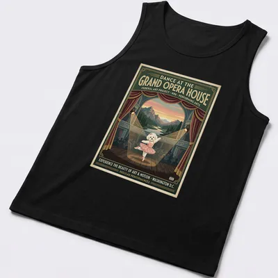 Bichon Frise ballerina under vintage theater-style lettering in pastel colors — printed on a tank top
