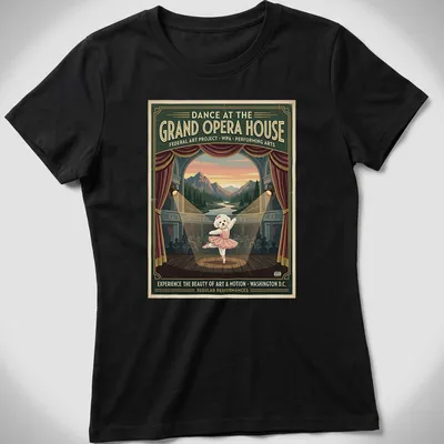Bichon Frise ballerina under vintage theater-style lettering in pastel colors — printed on a women's shirt