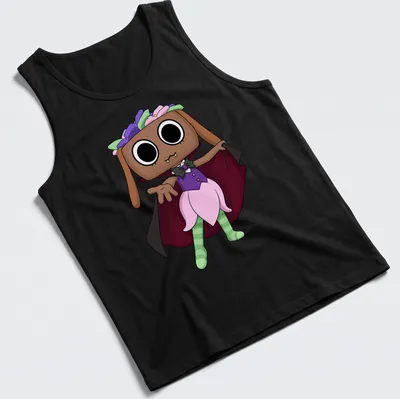 Kawaii cartoon Dandy Bassie character in colorful costume — printed on a tank top