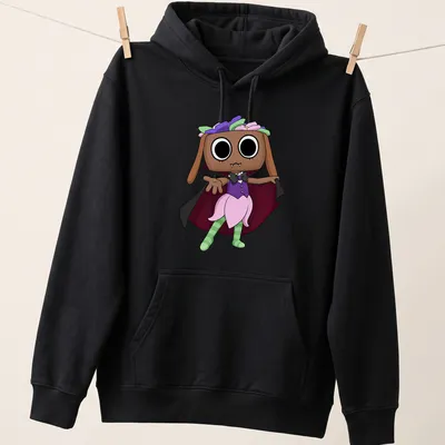 Kawaii cartoon Dandy Bassie character in colorful costume — printed on a unisex hoodie