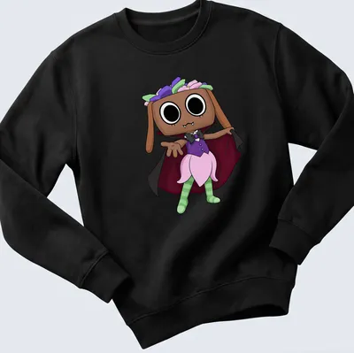 Kawaii cartoon Dandy Bassie character in colorful costume — printed on a unisex sweatshirt