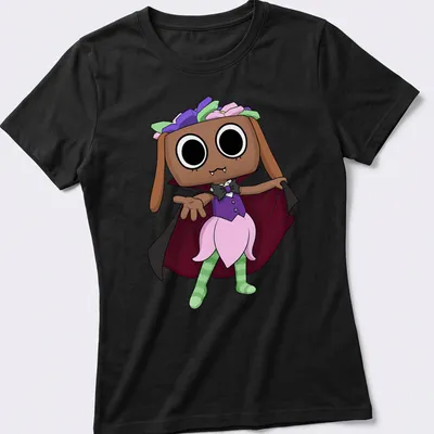 Kawaii cartoon Dandy Bassie character in colorful costume — printed on a women's shirt