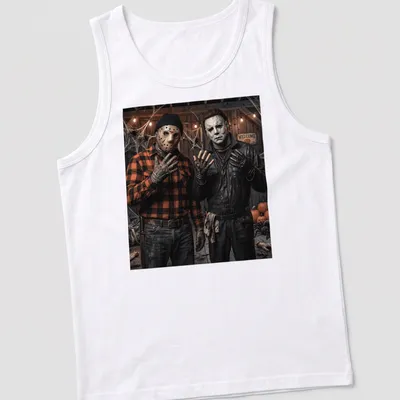 Realistic horror T-shirt featuring Jason Voorhees and Michael Myers in dark colors — printed on a tank top