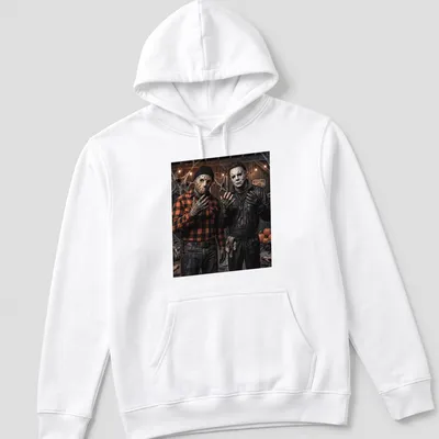 Realistic horror T-shirt featuring Jason Voorhees and Michael Myers in dark colors — printed on a unisex hoodie