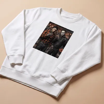 Realistic horror T-shirt featuring Jason Voorhees and Michael Myers in dark colors — printed on a unisex sweatshirt