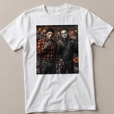 Realistic horror T-shirt featuring Jason Voorhees and Michael Myers in dark colors