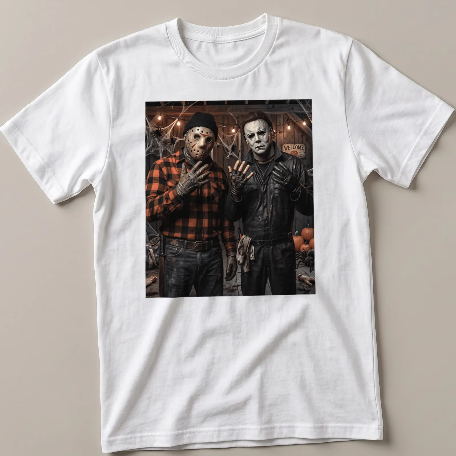 Realistic horror T-shirt featuring Jason Voorhees and Michael Myers in dark colors — printed on a unisex t-shirt