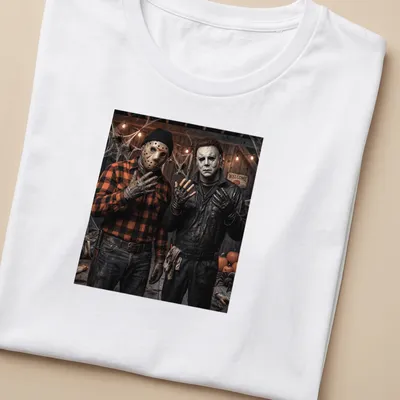 Realistic horror T-shirt featuring Jason Voorhees and Michael Myers in dark colors — printed on a women's shirt