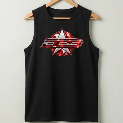 Chrome DCB logo in red and silver on a black boating — printed on a tank top