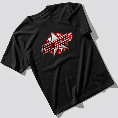 Chrome DCB logo in red and silver on a black boating t-shirt