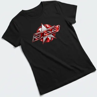 Chrome DCB logo in red and silver on a black boating — printed on a women's shirt