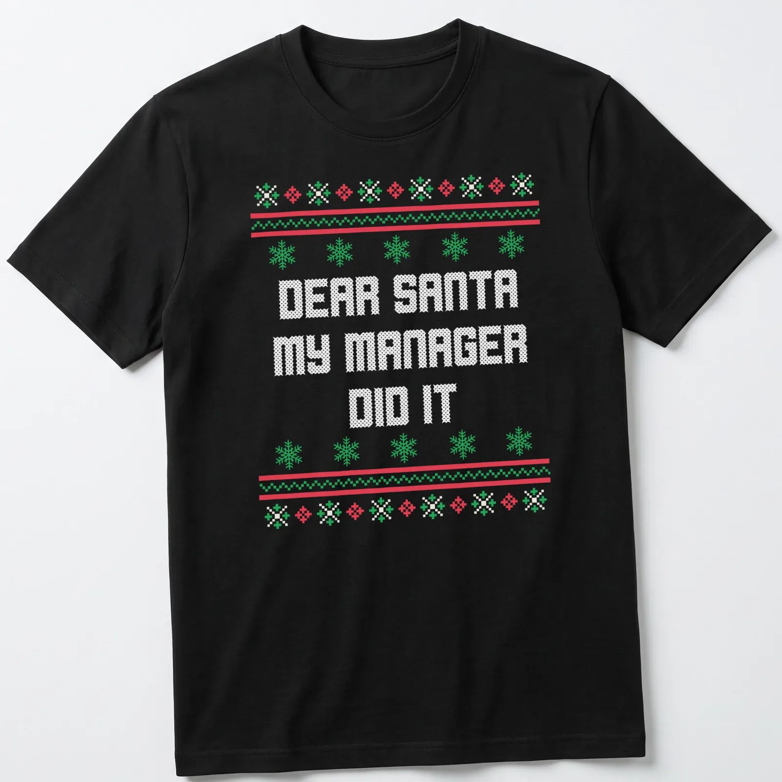 Ugly Christmas shirt with humorous text about a manager and Santa in red, green, and white. — printed on a unisex t-shirt