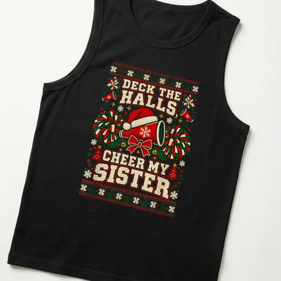 Cheerleading-themed Christmas tee with a megaphone, pom-poms, and festive text. — printed on a tank top