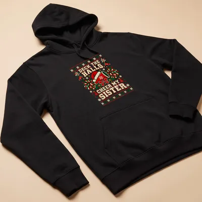 Cheerleading-themed Christmas tee with a megaphone, pom-poms, and festive text. — printed on a unisex hoodie