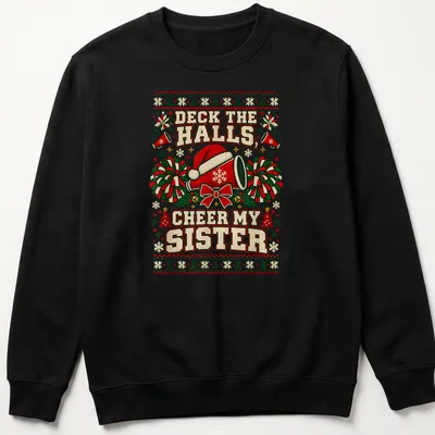 Cheerleading-themed Christmas tee with a megaphone, pom-poms, and festive text. — printed on a unisex sweatshirt