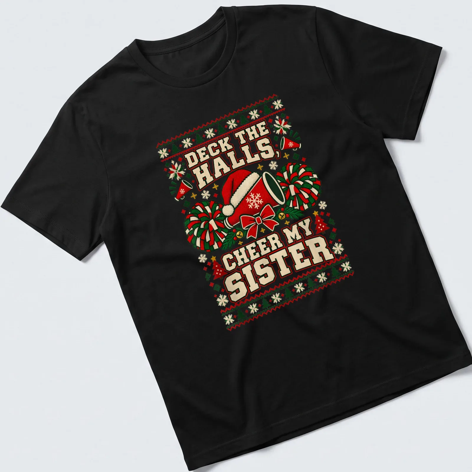 Cheerleading-themed Christmas tee with a megaphone, pom-poms, and festive text. — printed on a unisex t-shirt