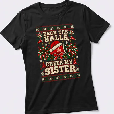 Cheerleading-themed Christmas tee with a megaphone, pom-poms, and festive text. — printed on a women's shirt