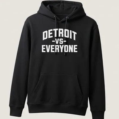 Bold lettering on a tee reads 'Detroit vs Everyone' in white. — printed on a unisex hoodie