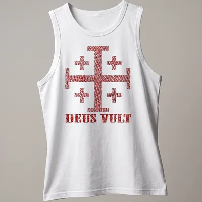Distressed Knight Templar Cross with DEUS VULT text in red and white — printed on a tank top