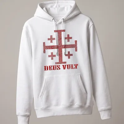 Distressed Knight Templar Cross with DEUS VULT text in red and white — printed on a unisex hoodie