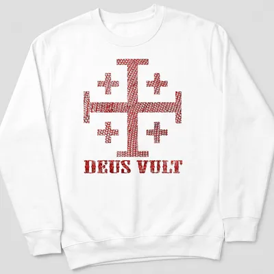 Distressed Knight Templar Cross with DEUS VULT text in red and white — printed on a unisex sweatshirt