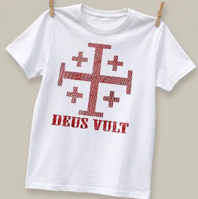 Distressed Knight Templar Cross with DEUS VULT text in red and white