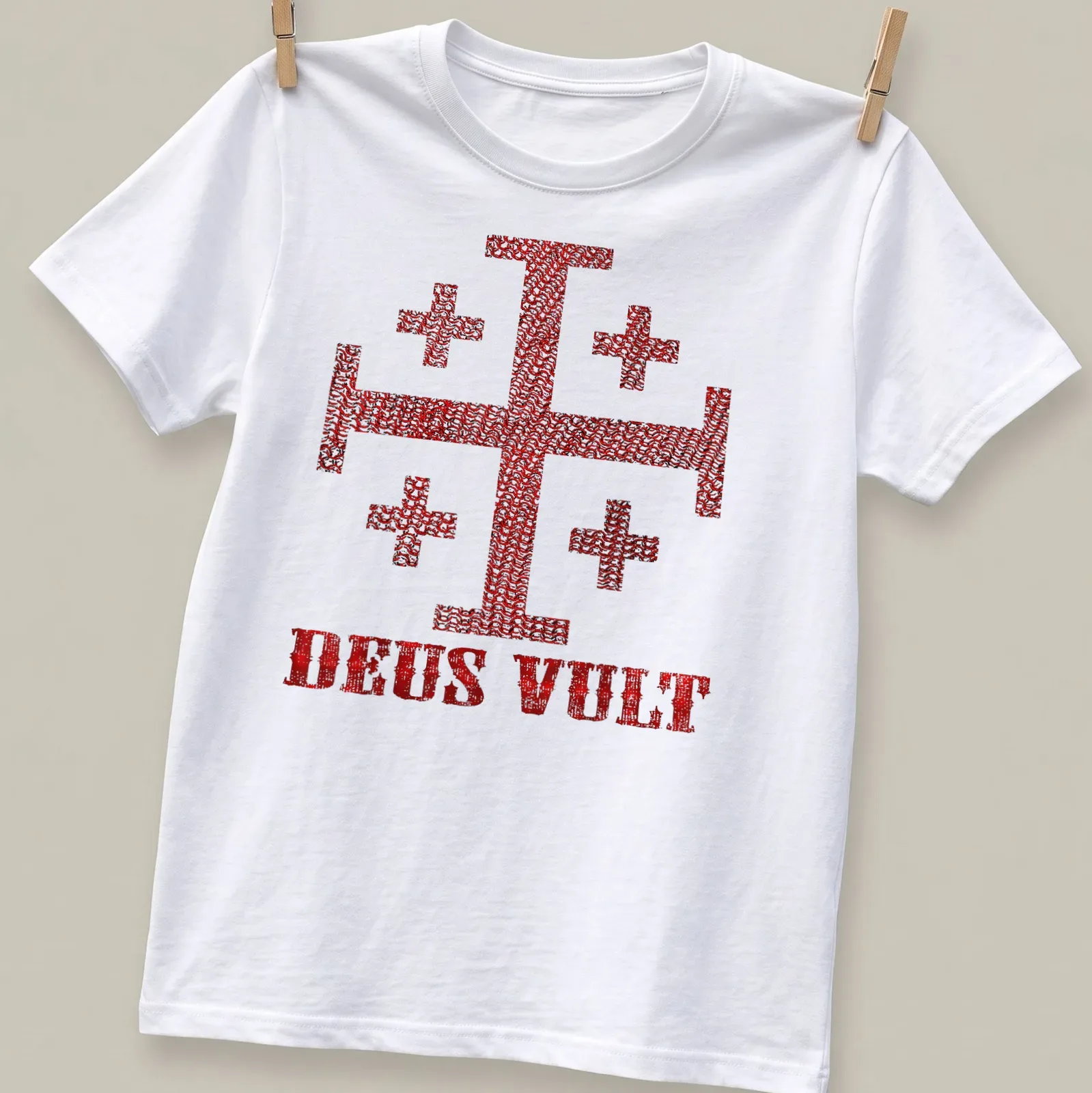 Distressed Knight Templar Cross with DEUS VULT text in red and white — printed on a unisex t-shirt