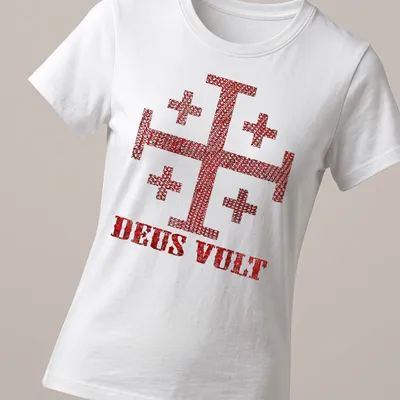 Distressed Knight Templar Cross with DEUS VULT text in red and white — printed on a women's shirt