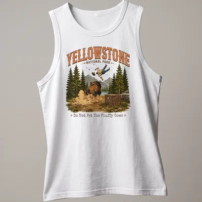 Vintage illustration of a person falling near bison with humorous text about fluffy cows — printed on a tank top