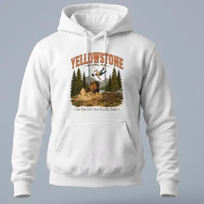Vintage illustration of a person falling near bison with humorous text about fluffy cows — printed on a unisex hoodie