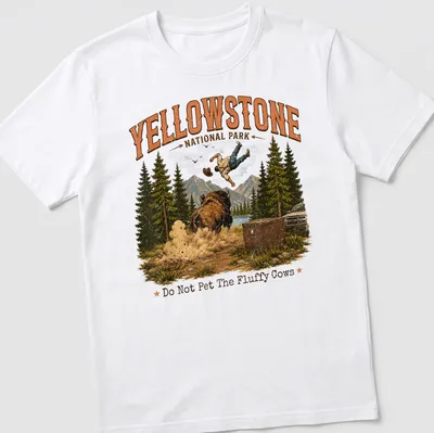 Vintage illustration of a person falling near bison with humorous text about fluffy cows