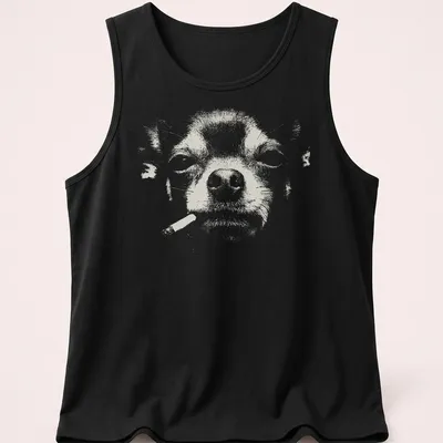 Distressed graphic of a Chihuahua smoking a cigarette in white and grey — printed on a tank top