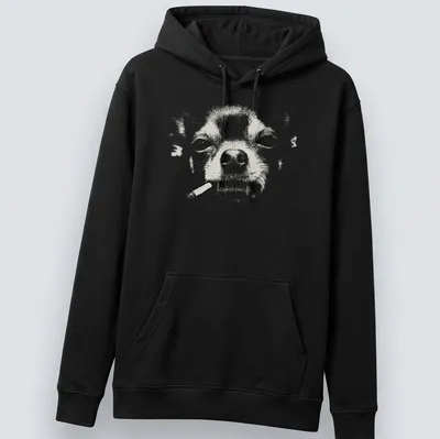 Distressed graphic of a Chihuahua smoking a cigarette in white and grey — printed on a unisex hoodie