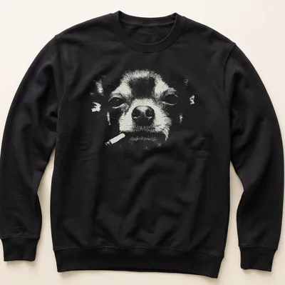 Distressed graphic of a Chihuahua smoking a cigarette in white and grey — printed on a unisex sweatshirt