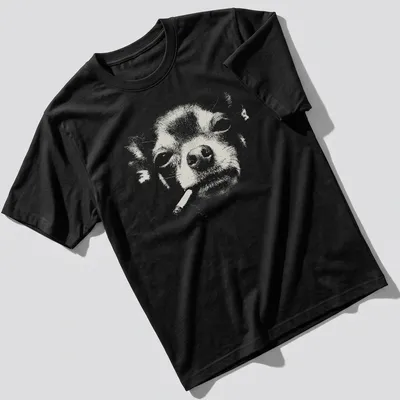 Distressed graphic of a Chihuahua smoking a cigarette in white and grey