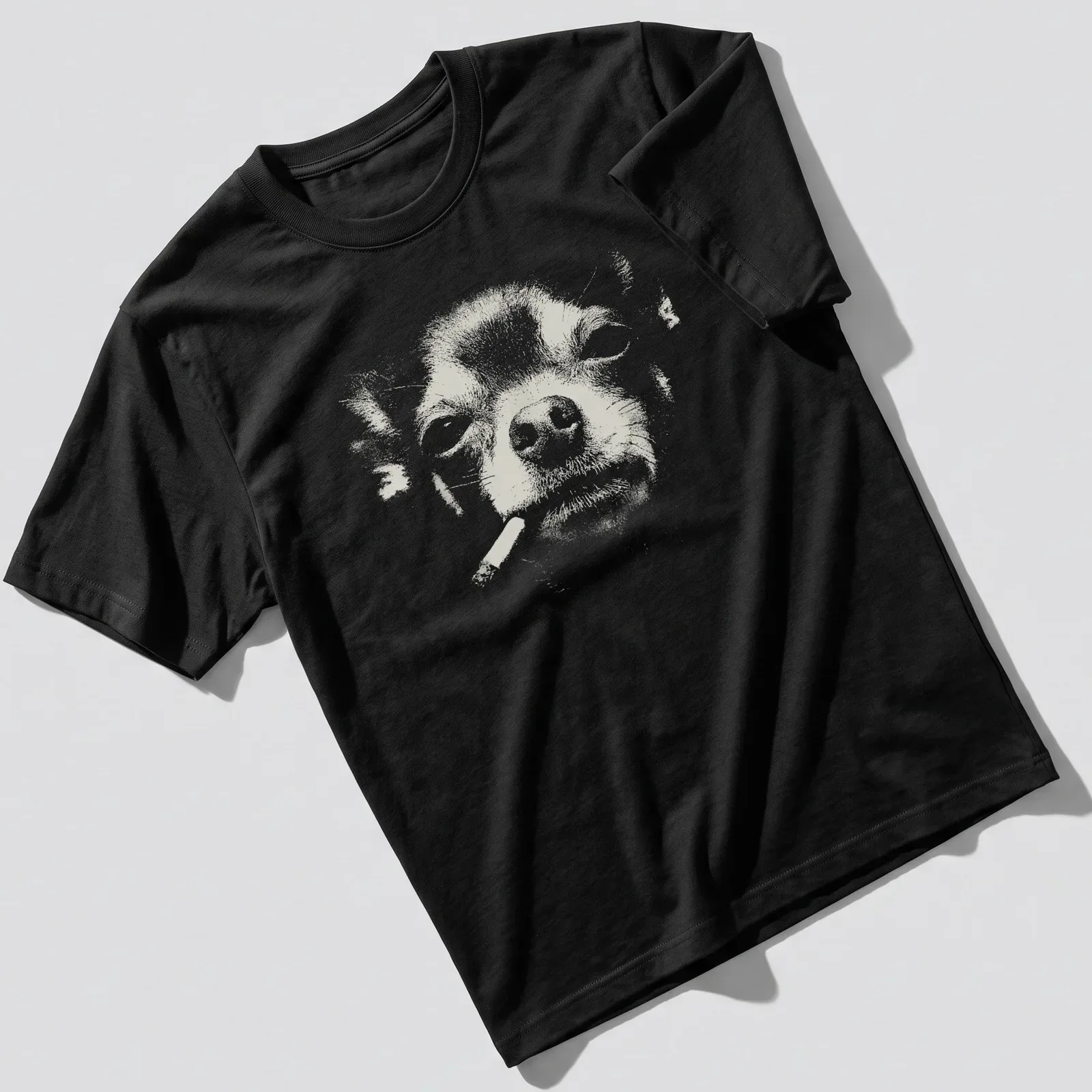 Distressed graphic of a Chihuahua smoking a cigarette in white and grey — printed on a unisex t-shirt
