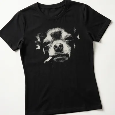 Distressed graphic of a Chihuahua smoking a cigarette in white and grey — printed on a women's shirt