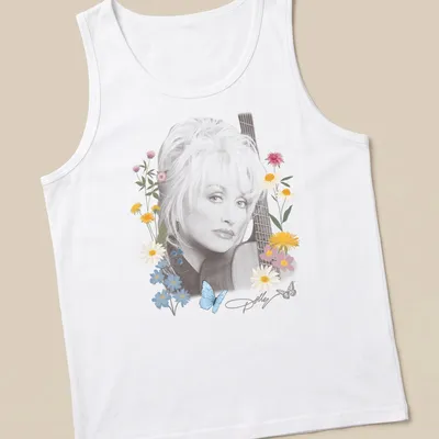 Dolly Parton portrait surrounded by flowers and butterflies in pastel colors — printed on a tank top