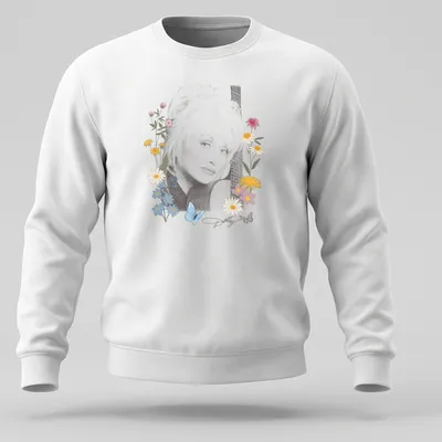 Dolly Parton portrait surrounded by flowers and butterflies in pastel colors — printed on a unisex sweatshirt