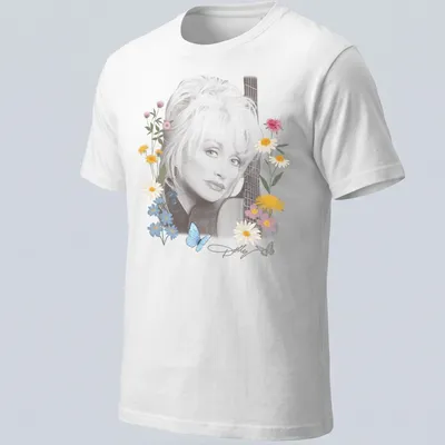 Dolly Parton portrait surrounded by flowers and butterflies in pastel colors