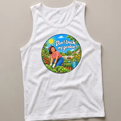Retro style t-shirt featuring an Asian woman gardener and vibrant flowers with text. — printed on a tank top