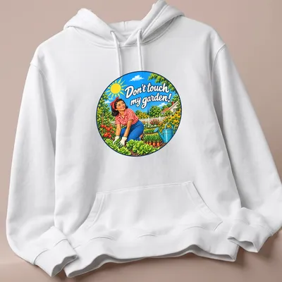 Retro style t-shirt featuring an Asian woman gardener and vibrant flowers with text. — printed on a unisex hoodie