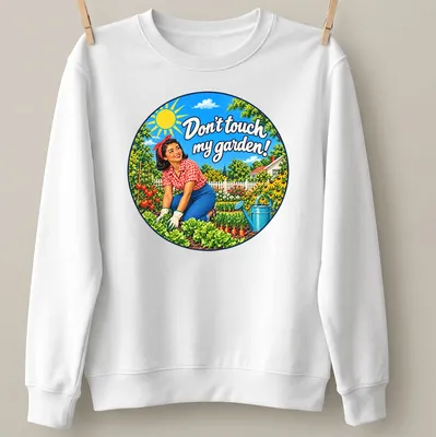 Retro style t-shirt featuring an Asian woman gardener and vibrant flowers with text. — printed on a unisex sweatshirt