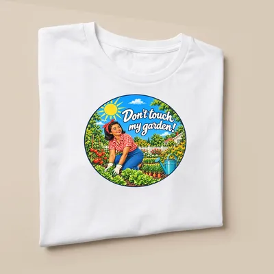 Retro style t-shirt featuring an Asian woman gardener and vibrant flowers with text. — printed on a unisex t-shirt (angled view)